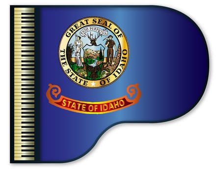 The Idaho state flag set into a traditional black grand piano