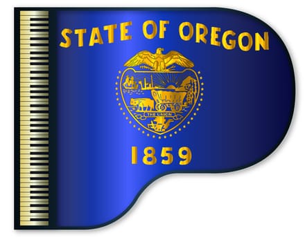 The Oregon state flag set into a traditional black grand piano