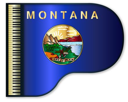 The Montana state flag set into a traditional black grand piano