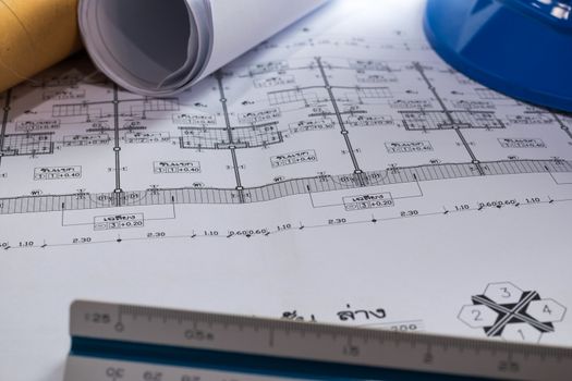 engineering diagram blueprint paper drafting project sketch architectural,selective focus.