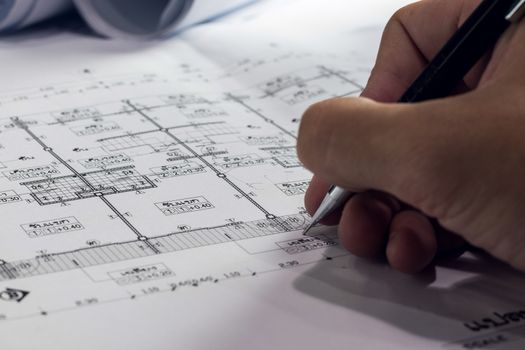 engineering diagram blueprint paper drafting project sketch architectural,selective focus.