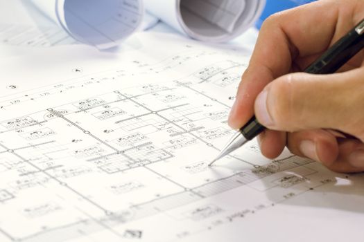 engineering diagram blueprint paper drafting project sketch architectural,selective focus