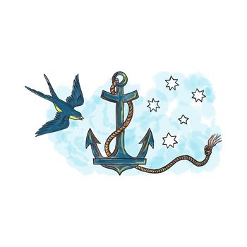 Tattoo style illustration of an anchor, a device, made of metal, used to connect a vessel to sea bed to prevent the craft from drifting, with coiled rope and swallow bird and southern star constellation in background. 