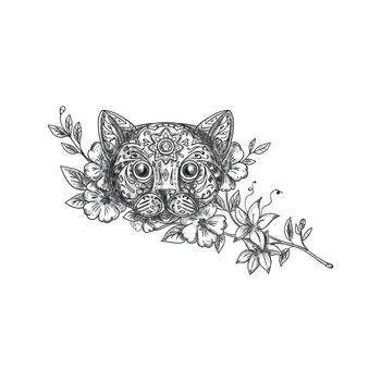 Tattoo style illustration of a cat head with jasmine flowers viewed from front set on isolated white background. 