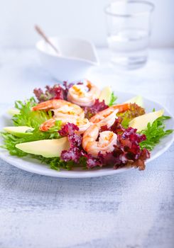 Avocado shrimp salad with mustard sauce on a white plate