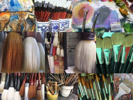 Collage of variety of colorful paint brushes, art brushes with acrylic, oil paint can use as background for the workplace of the artist.