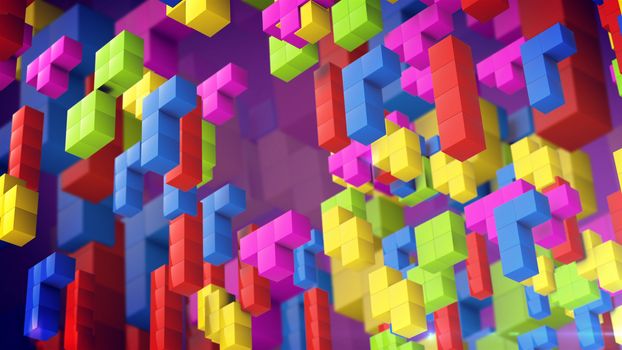 Colored blocks from retro tetris game in 3d view. 3d rendirng.