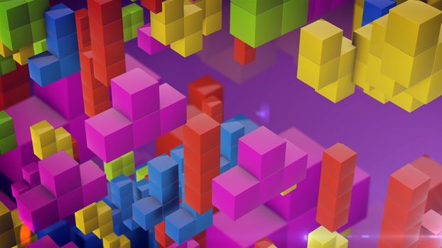 Falling tetris blocks style. Multicolored falling blocks. Background created from tetris game elements. 3d rendering.