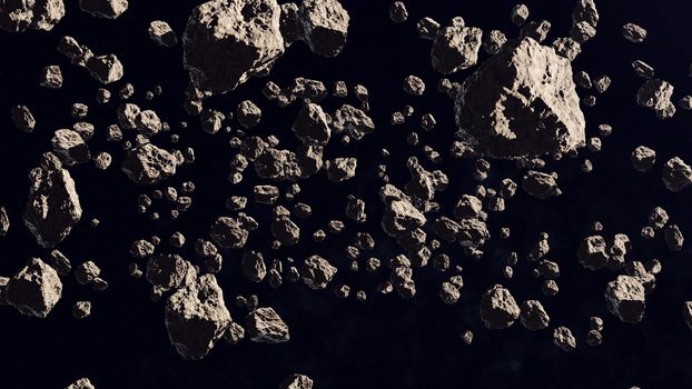 Inside the Asteroid belt in the deep space. 3d rendering.