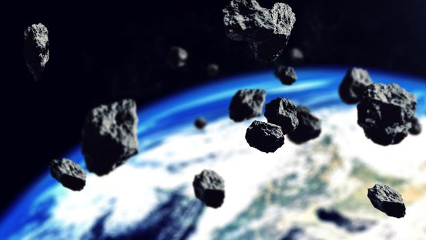 3d rendering of Belt asteroids in space on the Earth planetbackground. Elements of this illustration furnished by NASA.