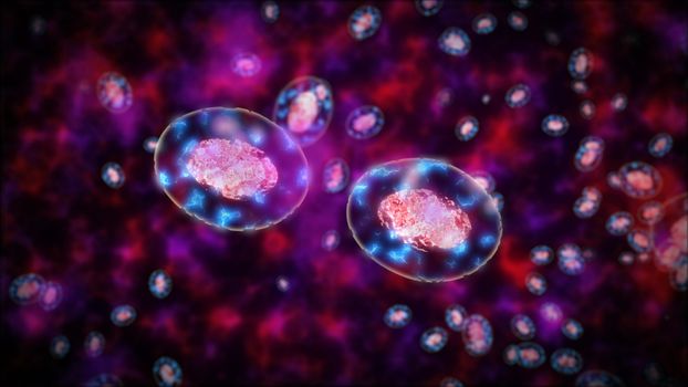 Abstract 3d rendering of Two bacteria or germs or cells againt each other.
