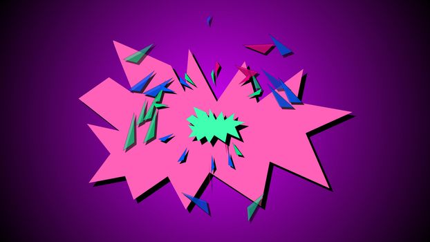 3d illustration of comic book boom explosion on a violet background.