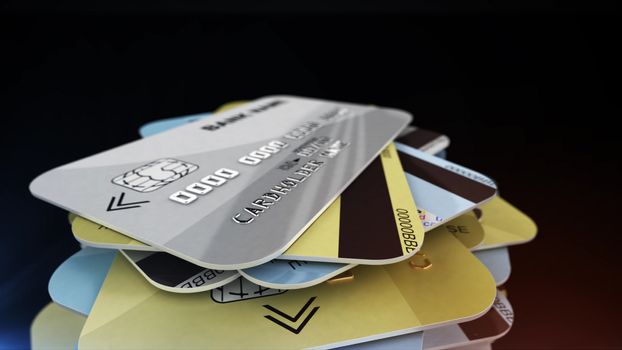 A stack of colored bank cards. 3d rendering.