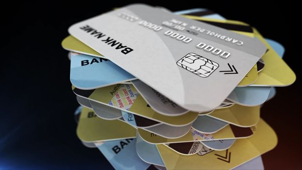 A stack of plastic credit cards. 3d rendering. Depth of field.