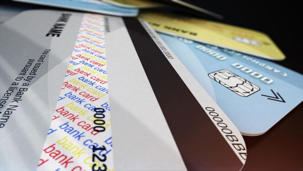 Credit card and magnetic strip. 3d rendering. Depth of field.  