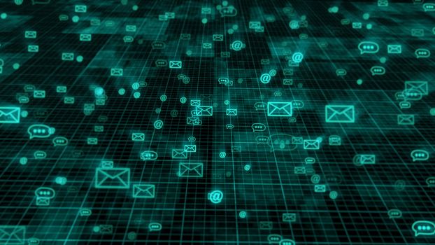 Abstract concept of web internet mail technology on a dark grid background. 3d rendering.