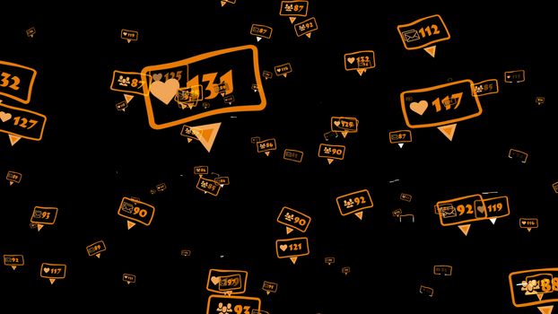 Abstract social media concept on a black background. Numbers of likes, friends and followers.