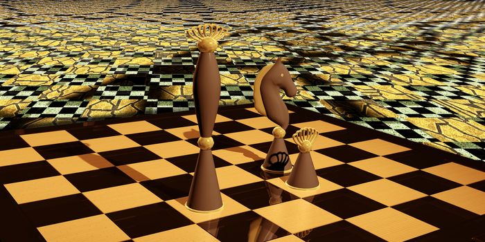 Chess composition on glossy chessboard at seamless technology background