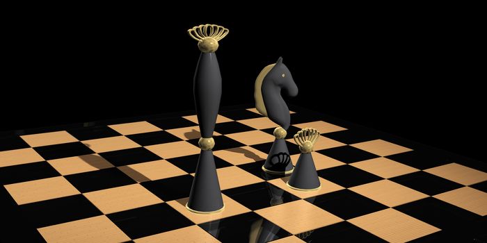 Chess composition on glossy chessboard in black background