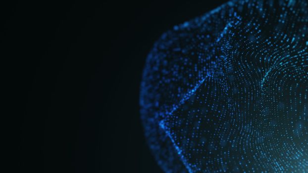Abstract background with colorful particles displacement and depth of field. 3D rendering
