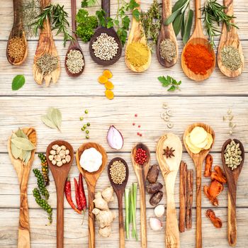 Various of spices and herbs in wooden spoons. Flat lay of spices ingredients chilli ,pepper corn, garlic, thyme, oregano, cinnamon, star anise, nutmeg, mace, sage and parsley on the wooden background.