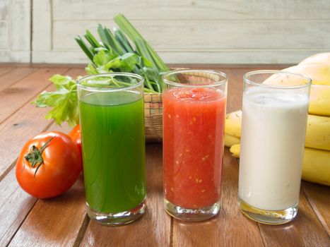 Vegetable juice and tomato juice, banana smoothie blender.