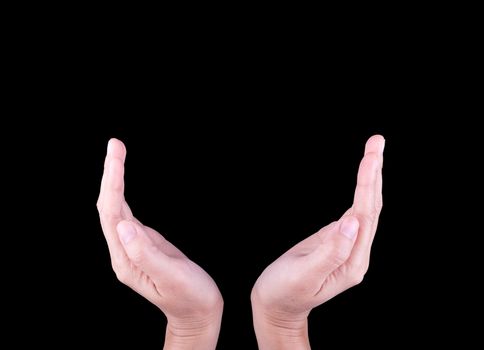 The lifting of the girl's hand gesture isolated on a black background.