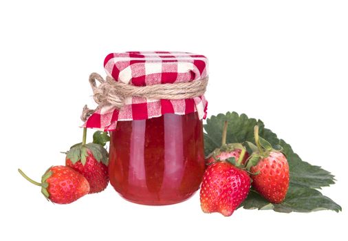 Strawberry jam in a glass bottle. Isolated on white background