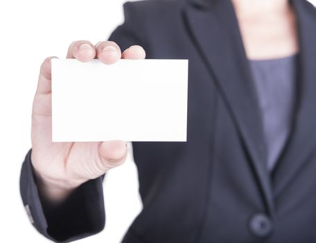 Woman hand showing business card on a white background.