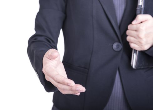 Business woman with an open hand ready to seal on a white background.