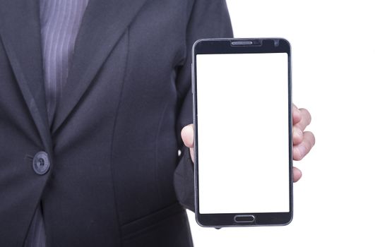 Woman hand showing a smartphone on a white background.