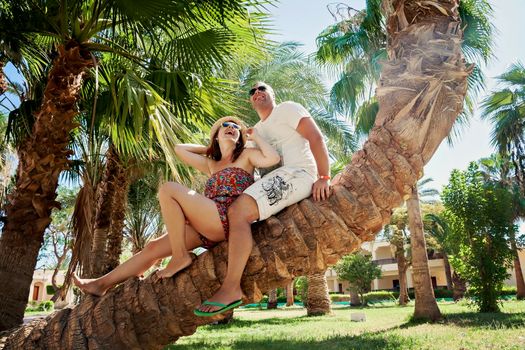 Romance. Youth and recreation. Young love couple sitting on a palm tree, smtrit up and laugh together while relaxing