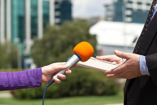 Female reporter or journalist making media interview with businessman