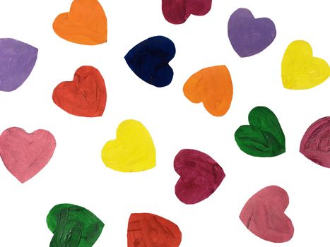 Colorful hand  drawn painted heart shapes draw. Romantic hand made background for fabric print, paper card, textile, fashion on white background