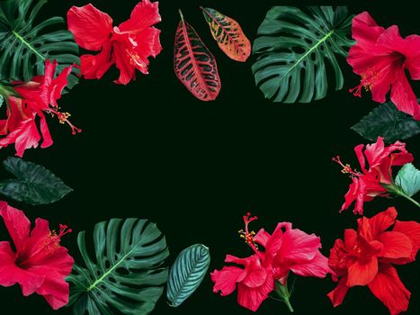  Romantic  background for Nature frame with flowers and green leaf can use for fabric print, paper card, textile, fashion on black background. 