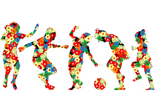 Children silhouettes made of colorful flowers pattern