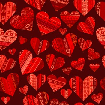 Red hearts with ethnic motifs seamless