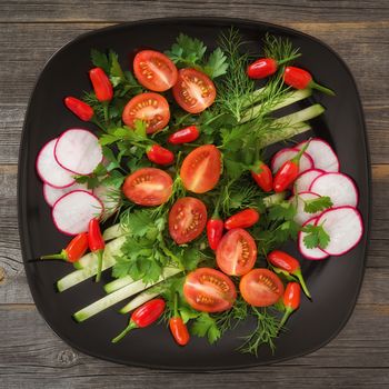 Greens and vegetable salad on a black ceramic plate in style a rustic