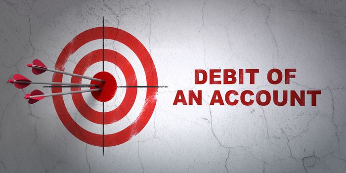 Success money concept: arrows hitting the center of target, Red Debit of An account on wall background, 3D rendering