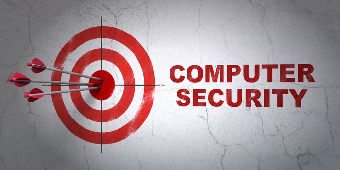 Success privacy concept: arrows hitting the center of target, Red Computer Security on wall background, 3D rendering