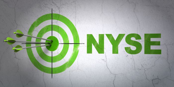 Success Stock market indexes concept: arrows hitting the center of target, Green NYSE on wall background, 3D rendering