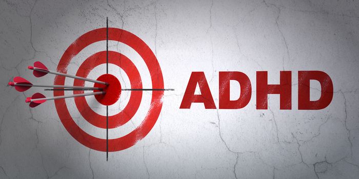 Success Medicine concept: arrows hitting the center of target, Red ADHD on wall background, 3D rendering