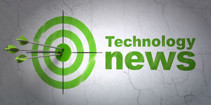 Success news concept: arrows hitting the center of target, Green Technology News on wall background, 3D rendering