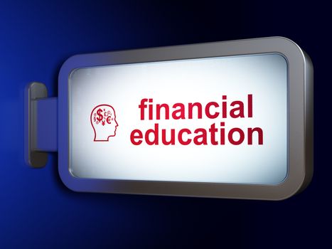 Learning concept: Financial Education and Head With Finance Symbol on advertising billboard background, 3D rendering