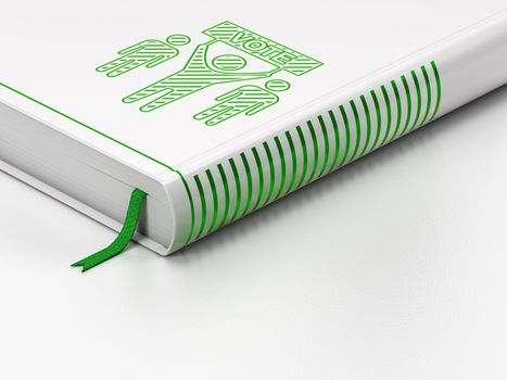 Politics concept: closed book with Green Election Campaign icon on floor, white background, 3D rendering