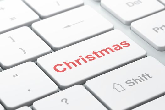 Holiday concept: computer keyboard with word Christmas, selected focus on enter button background, 3D rendering