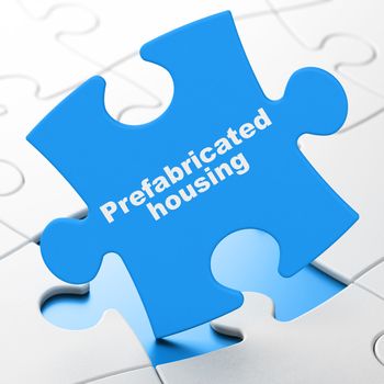 Construction concept: Prefabricated Housing on Blue puzzle pieces background, 3D rendering