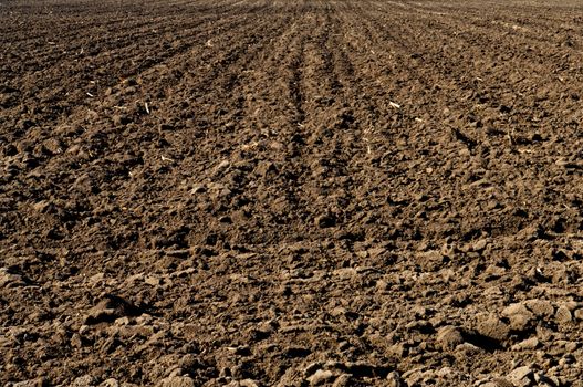 Plowed black soil in agricultural field 