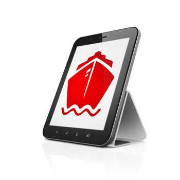 Vacation concept: Tablet Computer with  red Ship icon on display,  Tag Cloud background, 3D rendering