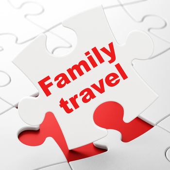 Tourism concept: Family Travel on White puzzle pieces background, 3D rendering